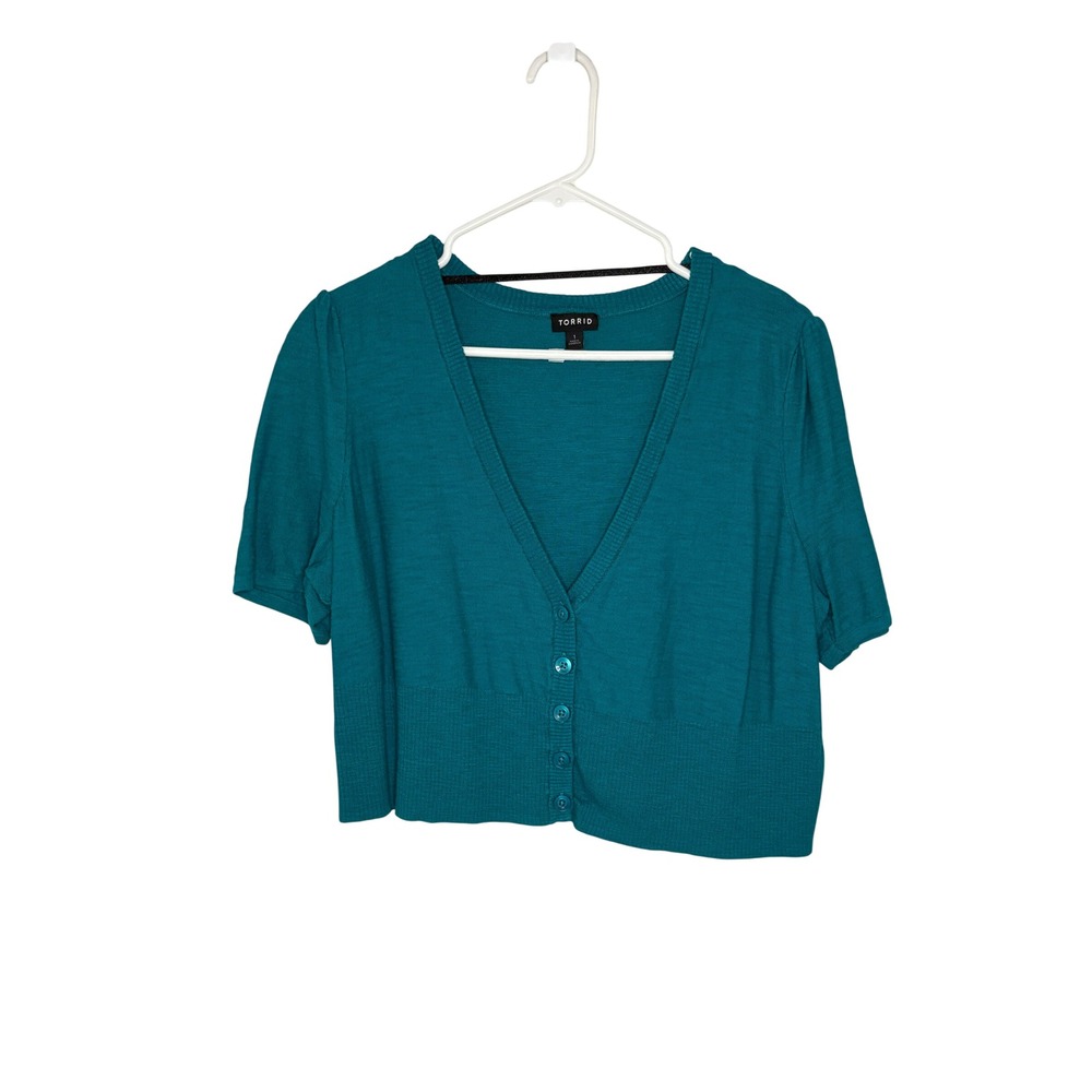 Torrid Teal Green Short Sleeve Cropped Cardigan Button Front Knit Top Size 1